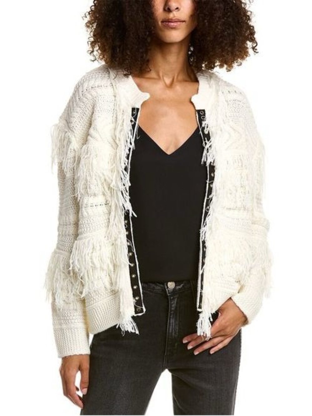 Saltwater luxe Fringe Knit Open Cardigan Sweater - White